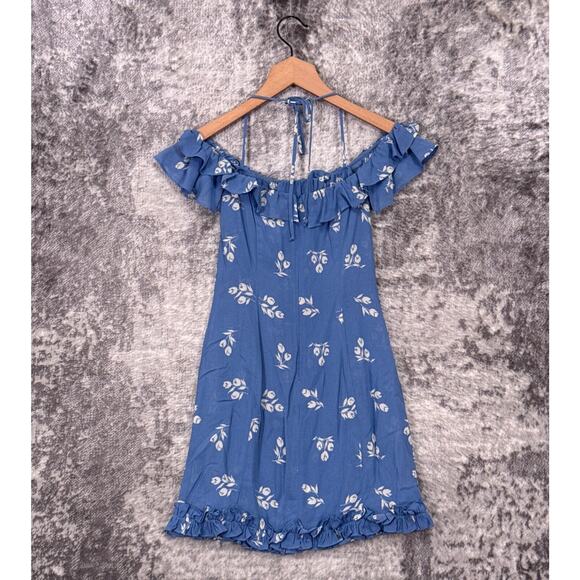 Reformation Dress 0 Womens Light Blue Floral Ruffle Strappy Tie Mini - Picture 3 of 8